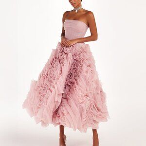 Elegant Strapless Ruffled Midi Dress in Pink